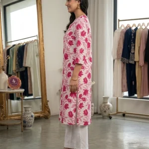 Magenta Pink Floral Lattice Print Straight Kurti for Women