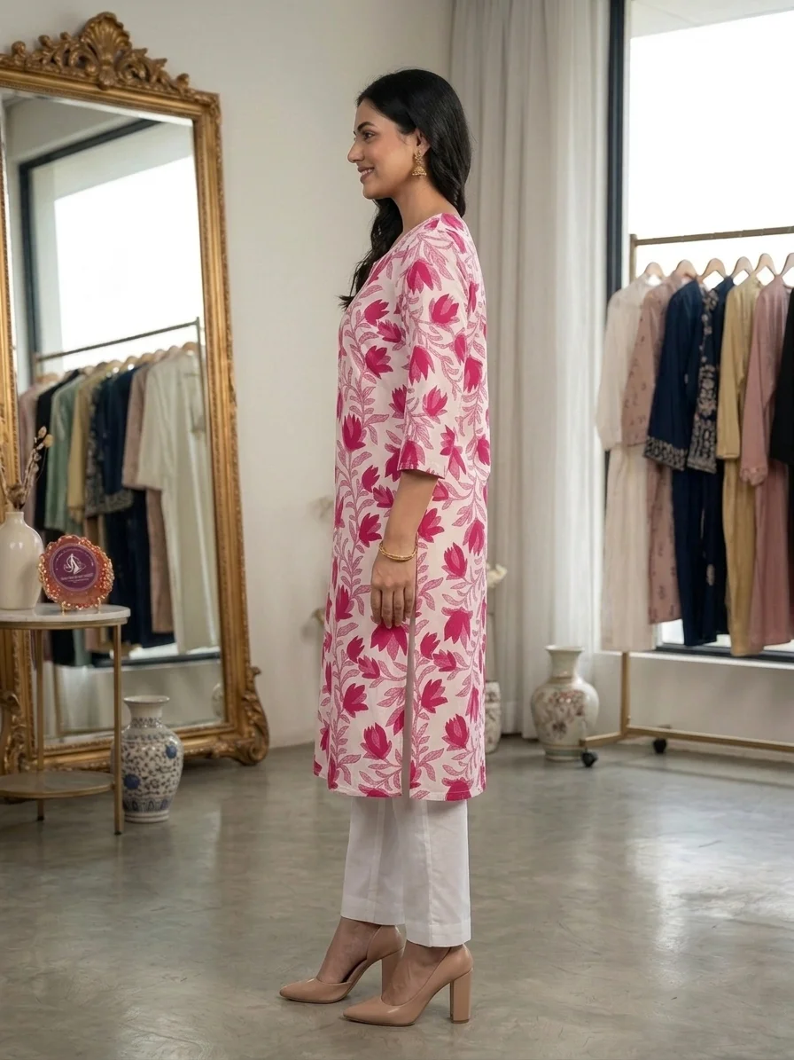 Magenta Pink Floral Lattice Print Straight Kurti for Women
