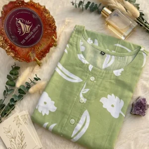 Women's Printed Straight Kurti – Olive Green & White Floral Print, Calf Length