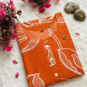 Rust Orange Floral Line Art Print Straight Kurti for Women