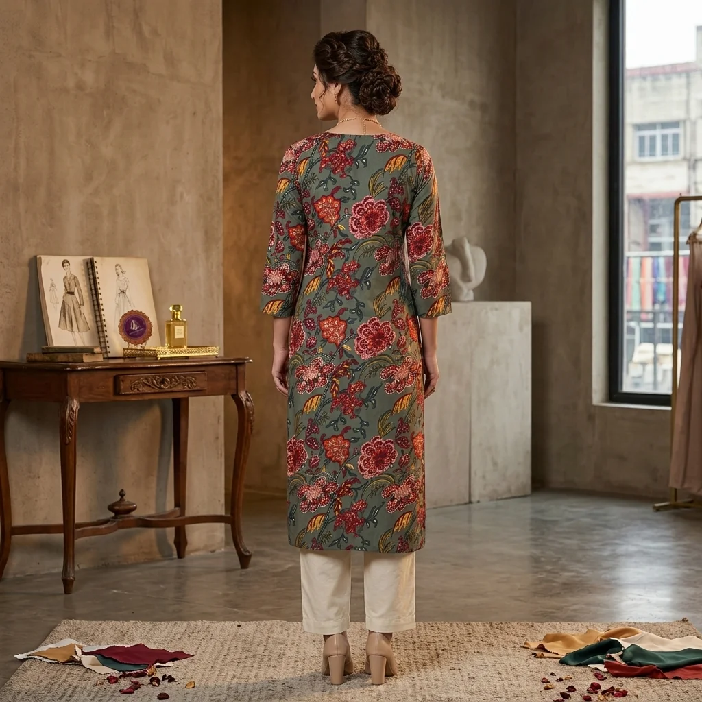 Women's Printed Straight Kurti – Grey-Green & Multicolour Floral Print, Calf Length