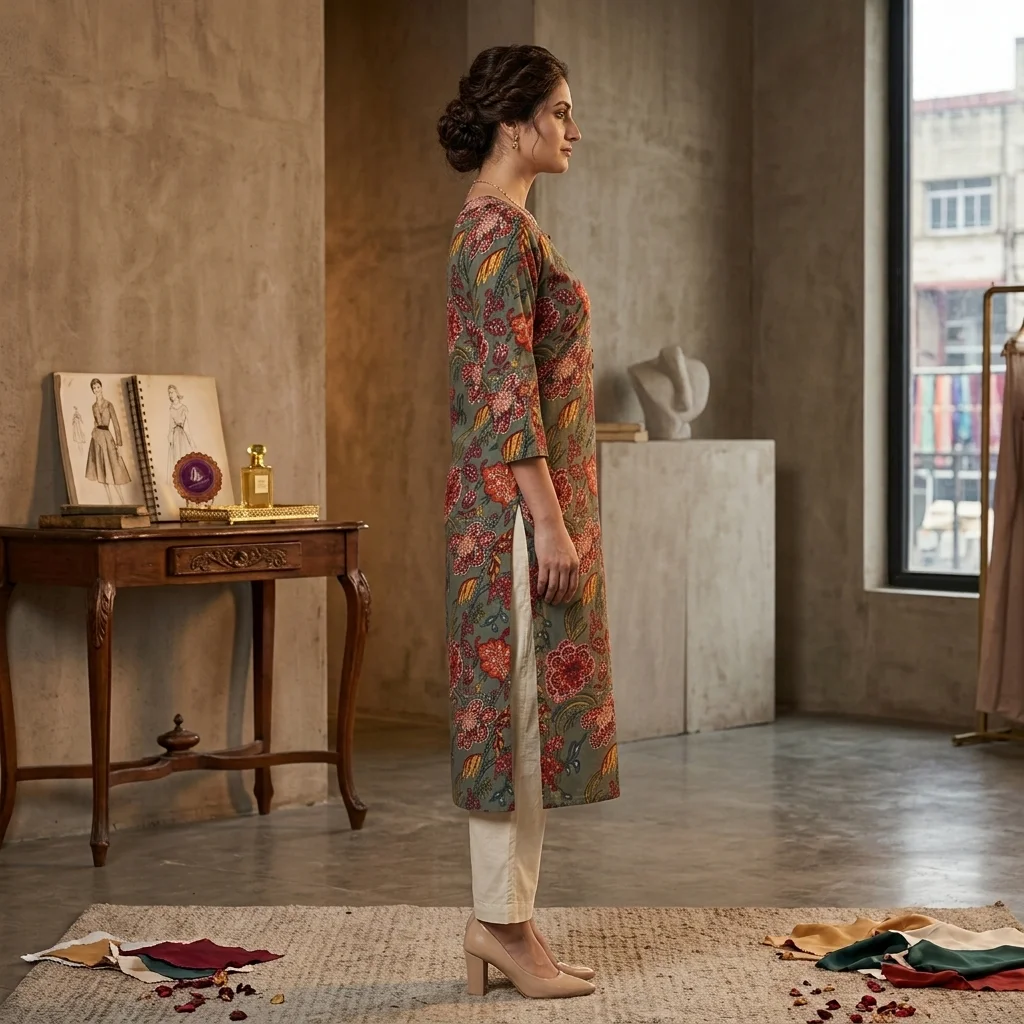 Women's Printed Straight Kurti – Grey-Green & Multicolour Floral Print, Calf Length