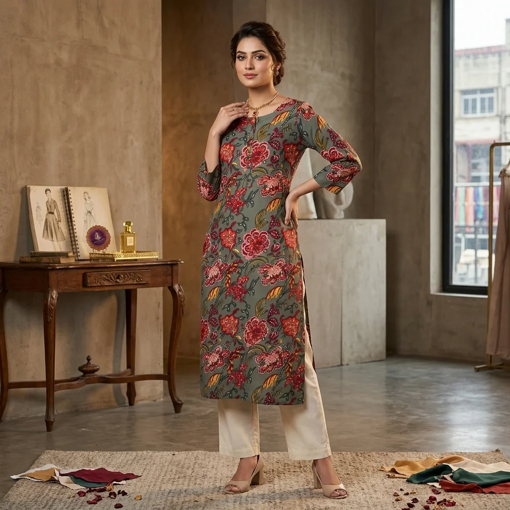 Women's Printed Straight Kurti – Grey-Green & Multicolour Floral Print, Calf Length