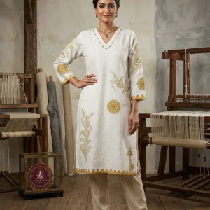 Off-White V-Neck Embroidery Traditional Straight Kurti for Women