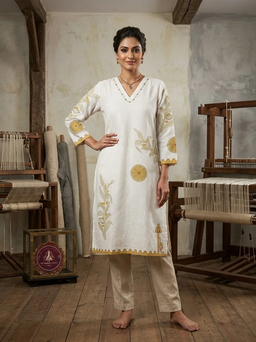Off-White V-Neck Embroidery Traditional Straight Kurti for Women