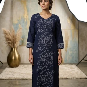Deep Navy Blue V-Neck Kurti with White Floral Embroidery for Women