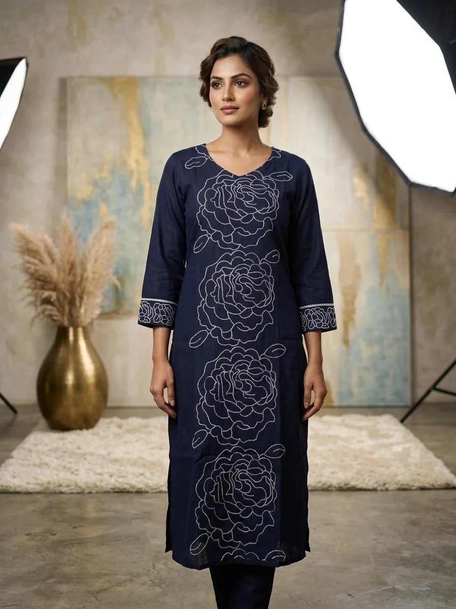 Deep Navy Blue V-Neck Kurti with White Floral Embroidery for Women