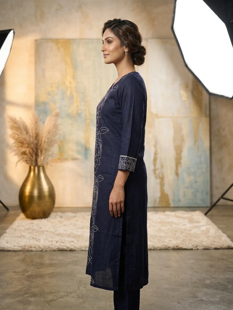 Deep Navy Blue V-Neck Kurti with White Floral Embroidery for Women