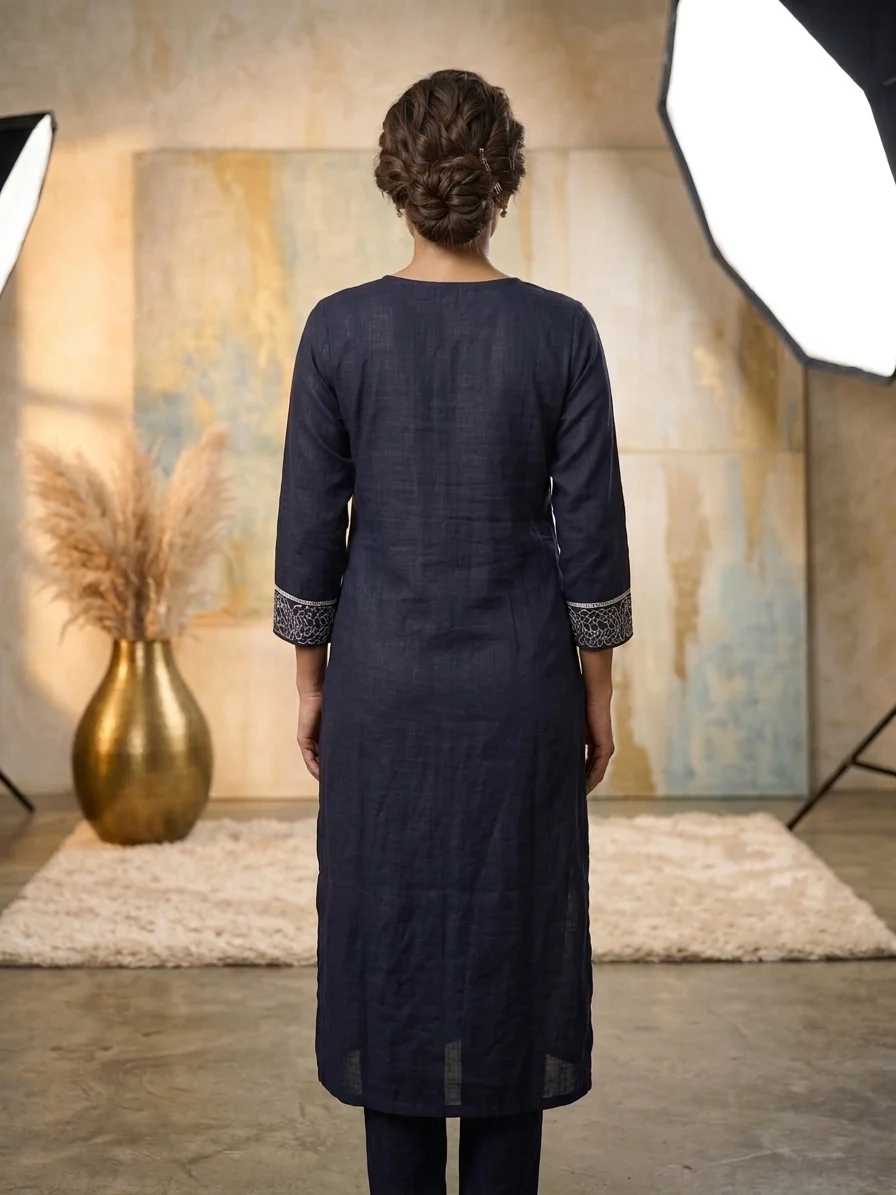 Deep Navy Blue V-Neck Kurti with White Floral Embroidery for Women