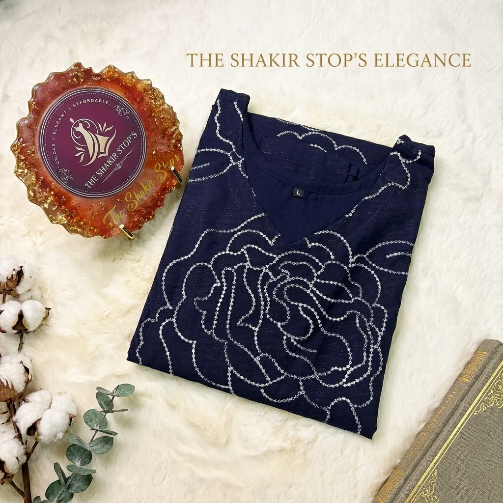 Deep Navy Blue V-Neck Kurti with White Floral Embroidery for Women
