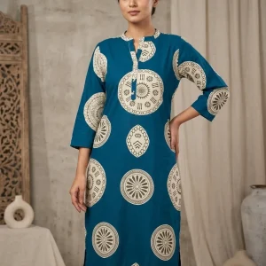 Deep Teal Printed Calf Length Straight Kurti for Women