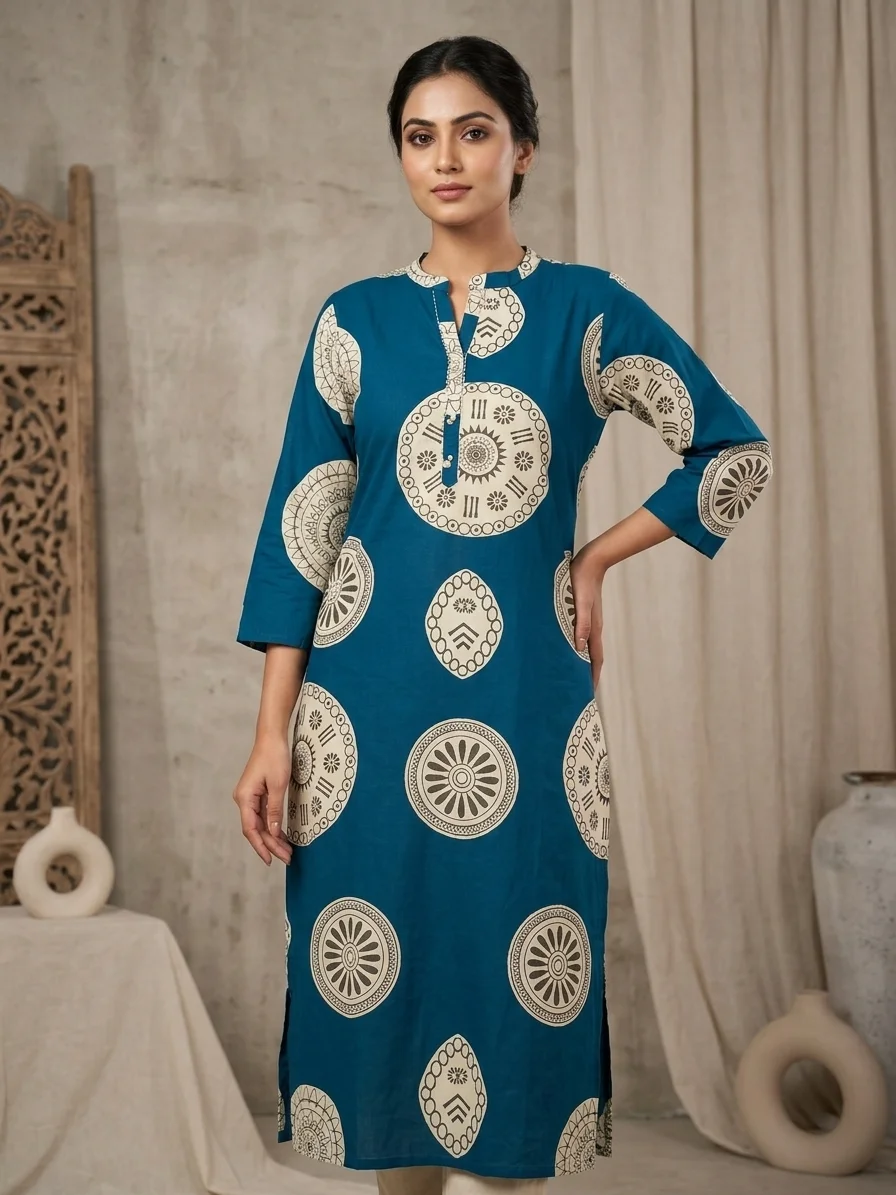 Deep Teal Printed Calf Length Straight Kurti for Women