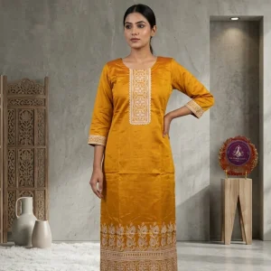 Women's Mustard Yellow Silk Blend Kurti – Off-White Thread Work, Straight Fit