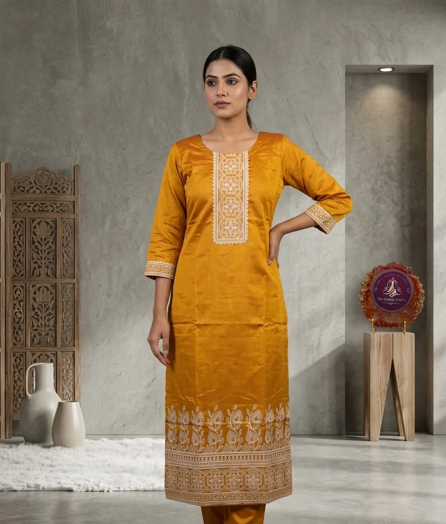 Women's Mustard Yellow Silk Blend Kurti – Off-White Thread Work, Straight Fit