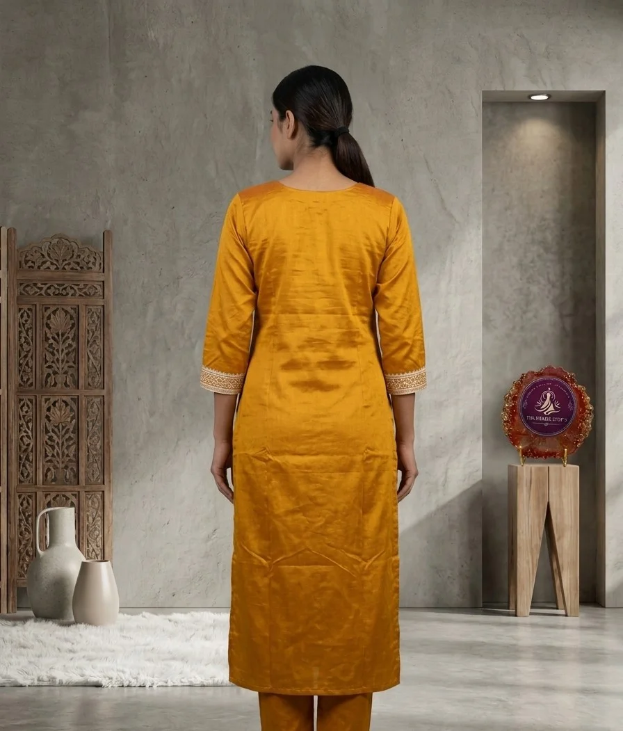 Women's Mustard Yellow Silk Blend Kurti – Off-White Thread Work, Straight Fit