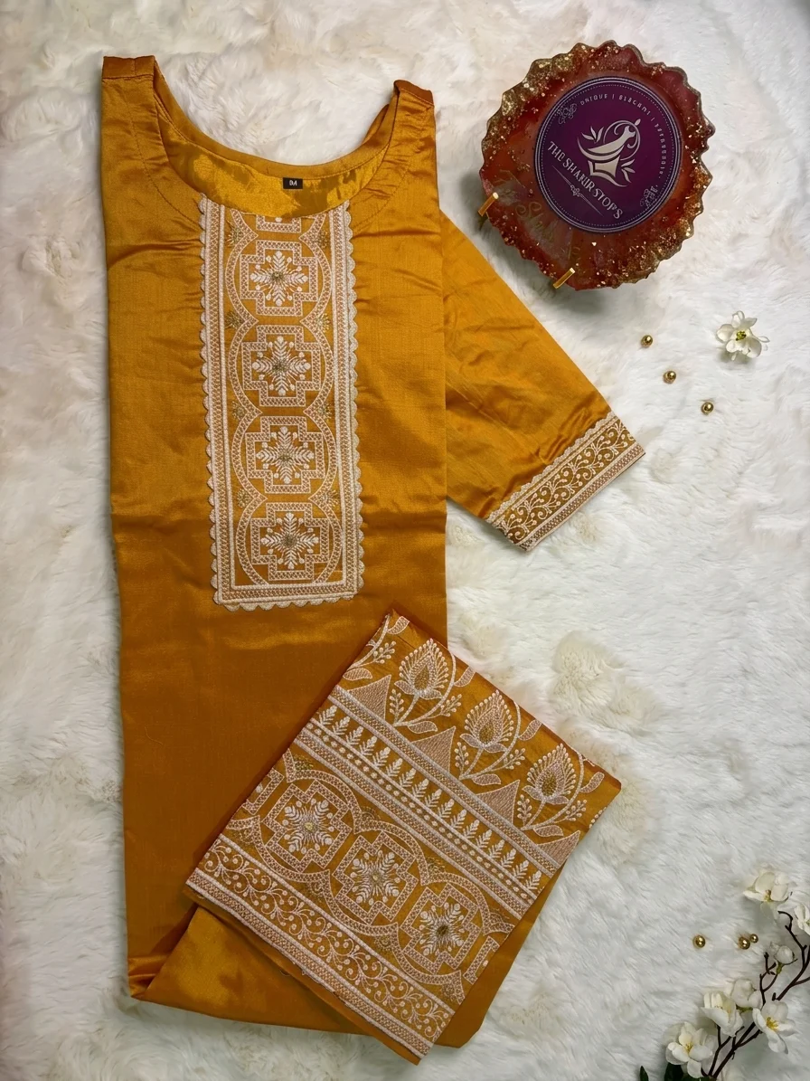 Women's Mustard Yellow Silk Blend Kurti – Off-White Thread Work, Straight Fit