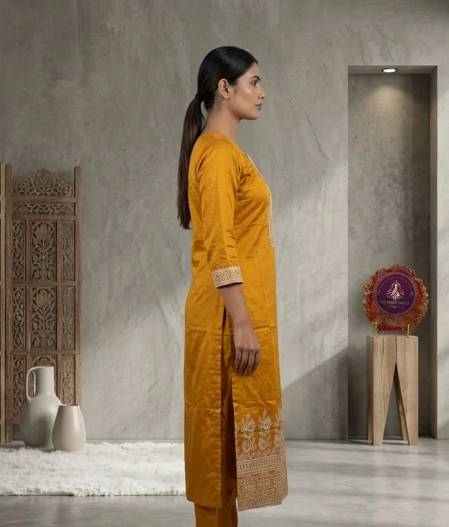Women's Mustard Yellow Silk Blend Kurti – Off-White Thread Work, Straight Fit