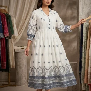 Off-White Ethnic Print Cotton Maxi Dress with Collar for Women