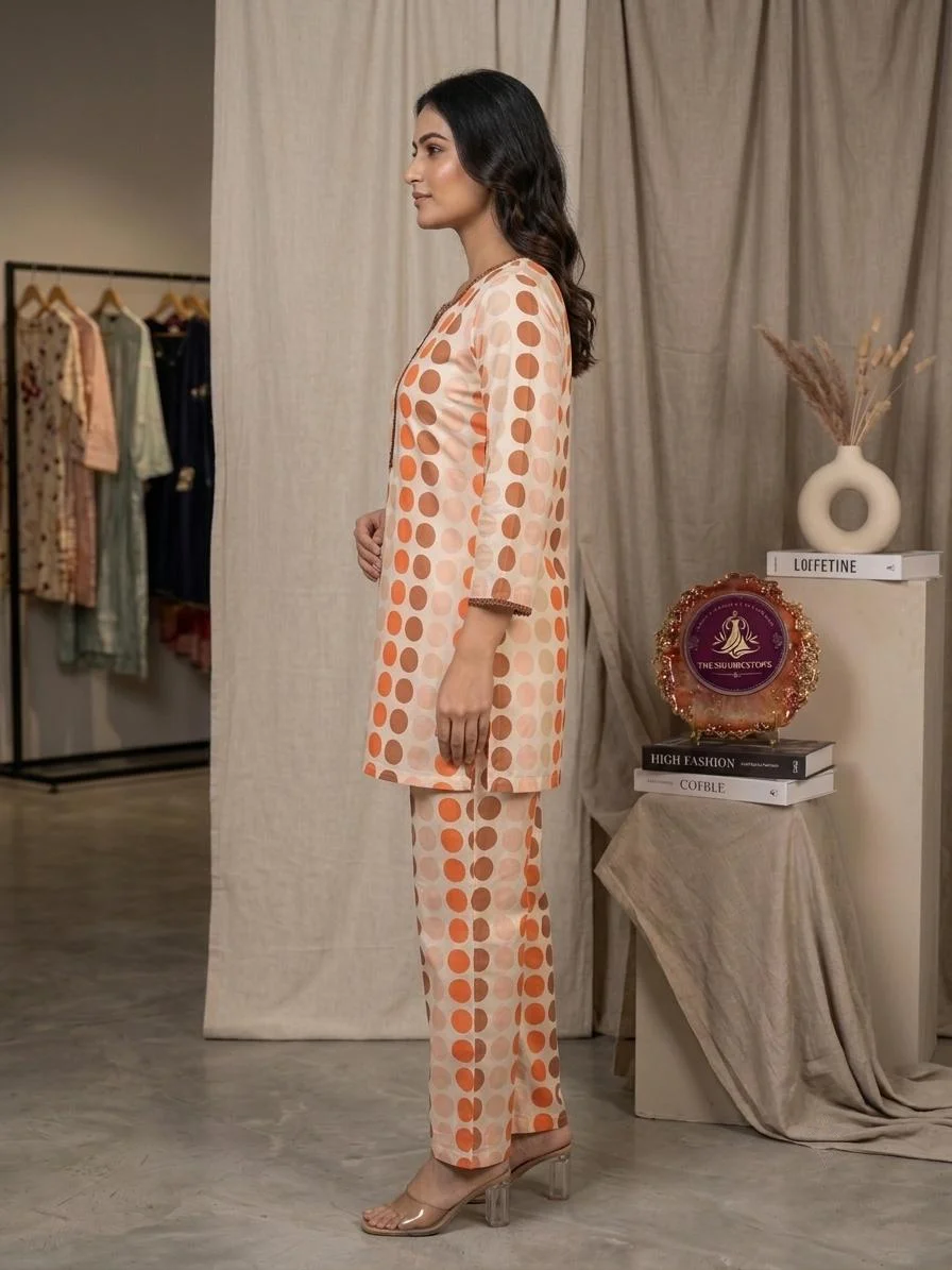Cream Polka Dot Rayon Kurti & Pant Co-ord Set for Women