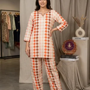 Cream Polka Dot Rayon Kurti & Pant Co-ord Set for Women