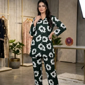 Dark Green & White Floral Print Cotton Co-ord Set for Women