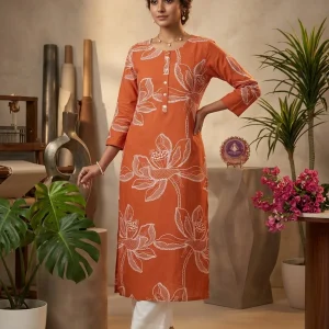 Rust Orange Floral Line Art Print Straight Kurti for Women