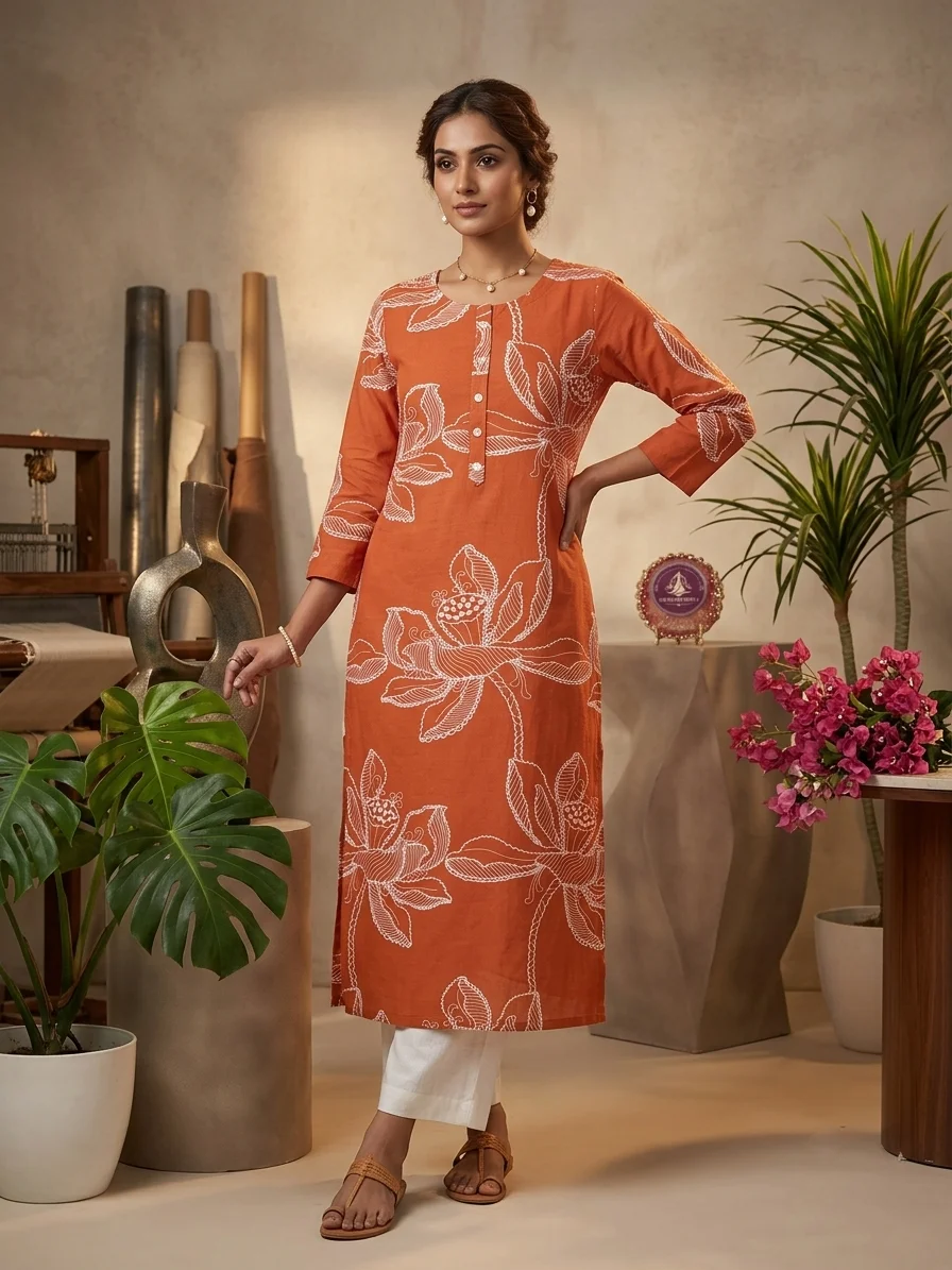 Rust Orange Floral Line Art Print Straight Kurti for Women