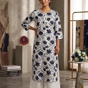 Women's Printed Straight Kurti – Off-White & Charcoal Navy Floral Print, Calf Length