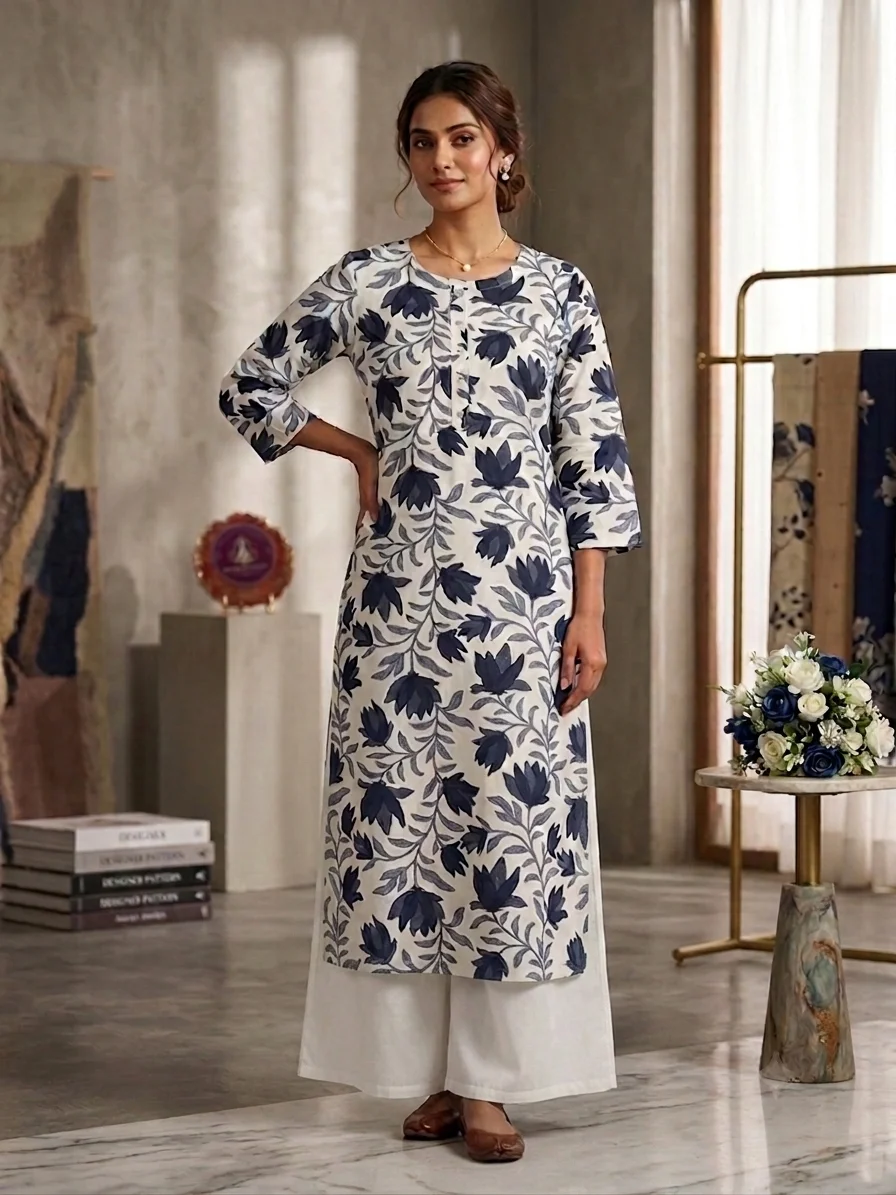 Women's Printed Straight Kurti – Off-White & Charcoal Navy Floral Print, Calf Length