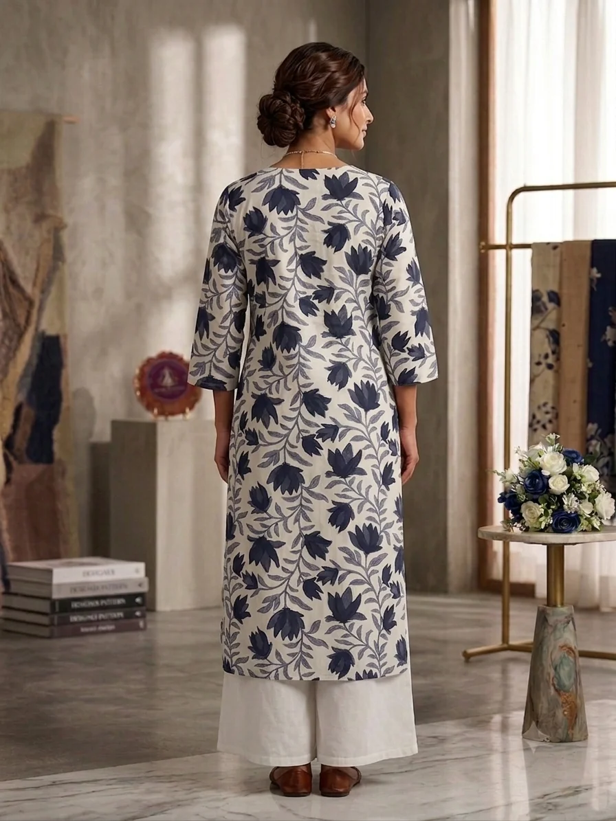 Women's Printed Straight Kurti – Off-White & Charcoal Navy Floral Print, Calf Length