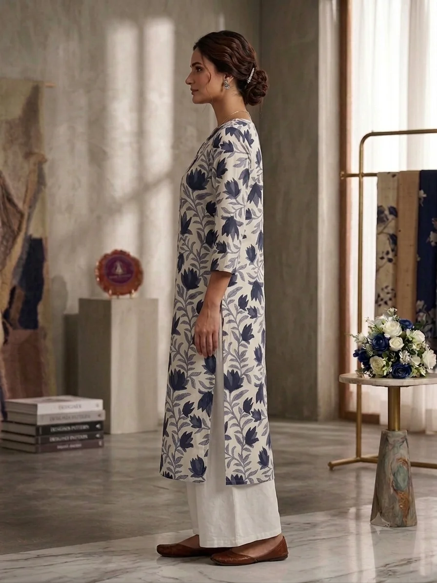 Women's Printed Straight Kurti – Off-White & Charcoal Navy Floral Print, Calf Length