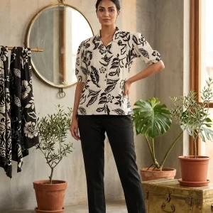 Women's Floral Print Co-ord Set – Off-White & Black Puff Sleeve Shirt with Trousers