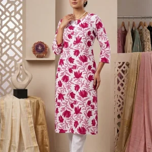 Magenta Pink Floral Lattice Print Straight Kurti for Women