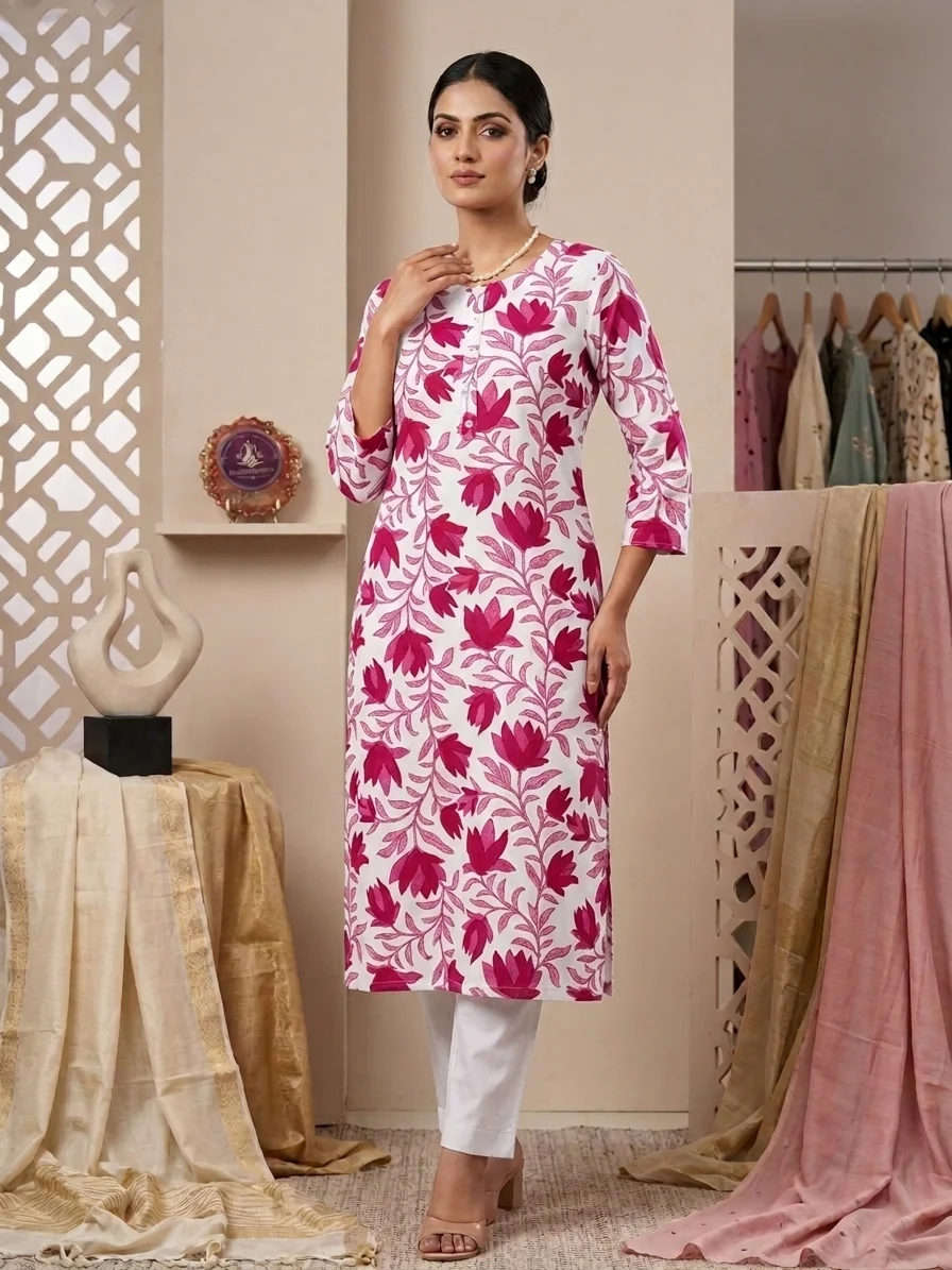 Magenta Pink Floral Lattice Print Straight Kurti for Women