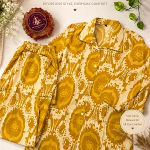 Mustard Yellow Printed Cotton Co-ord Set with Collared Shirt