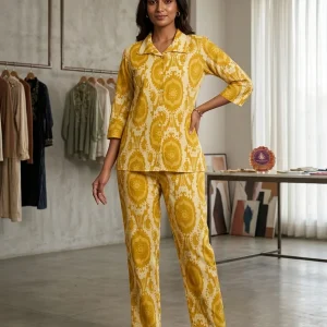 Mustard Yellow Printed Cotton Co-ord Set with Collared Shirt