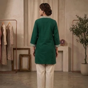 Dark Green V-Neck Kurta & Pant Co-ord Set with Floral & Bird Embroidery