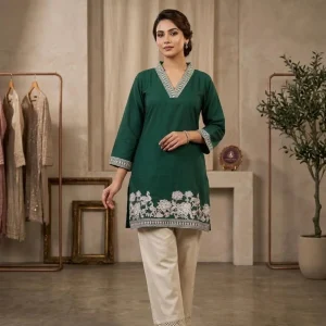 Dark Green V-Neck Kurta & Pant Co-ord Set with Floral & Bird Embroidery