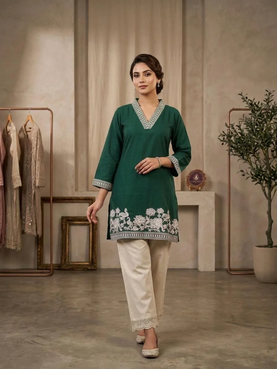Dark Green V-Neck Kurta & Pant Co-ord Set with Floral & Bird Embroidery