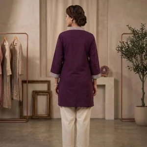 Deep Plum Purple V-Neck Kurta & Pant Co-ord Set with Floral & Bird Embroidery