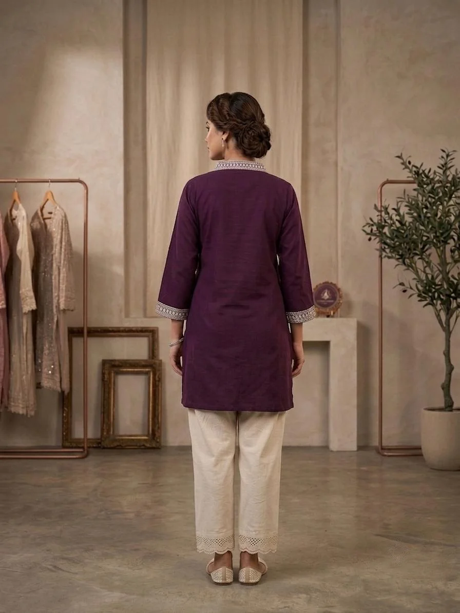 Deep Plum Purple V-Neck Kurta & Pant Co-ord Set with Floral & Bird Embroidery