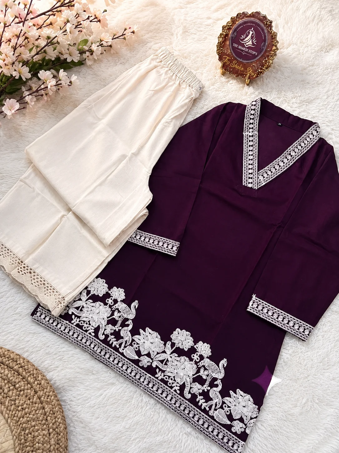 Deep Plum Purple V-Neck Kurta & Pant Co-ord Set with Floral & Bird Embroidery