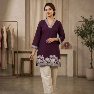 Deep Plum Purple V-Neck Kurta & Pant Co-ord Set with Floral & Bird Embroidery