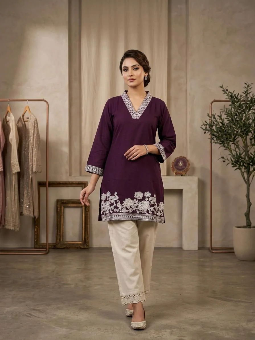 Deep Plum Purple V-Neck Kurta & Pant Co-ord Set with Floral & Bird Embroidery