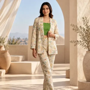 Off-White Botanical Print 3-Piece Co-ord Set with Parrot Green Crop Top