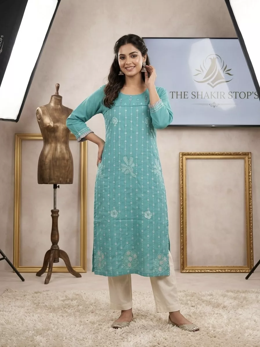Women's Aqua Blue Muslin Silk Kurti – Intricate Floral Embroidery & Sequin Work, Straight Fit
