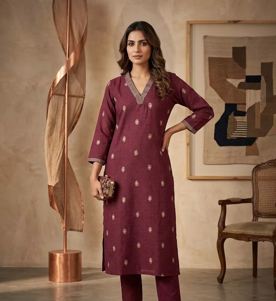 Women's Deep Maroon Silk Blend Kurti – Golden Thread Butti Work & Checkered V-Neck, Straight Fit