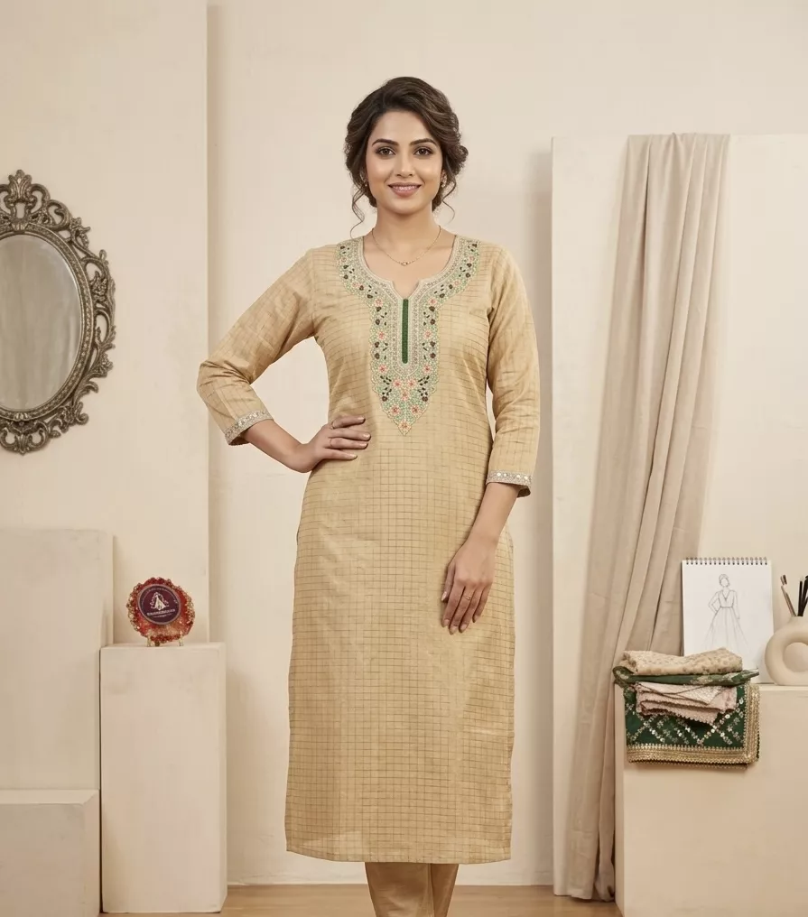 Women's Light Beige Gold Tissue Cotton Kurti – Kashmiri Floral Neck Embroidery, Straight Fit