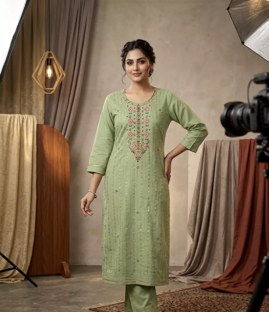 Women's Light Olive Green Muslin Silk Kurti – Multicolour Floral Yoke Hand Embroidery, Straight Fit
