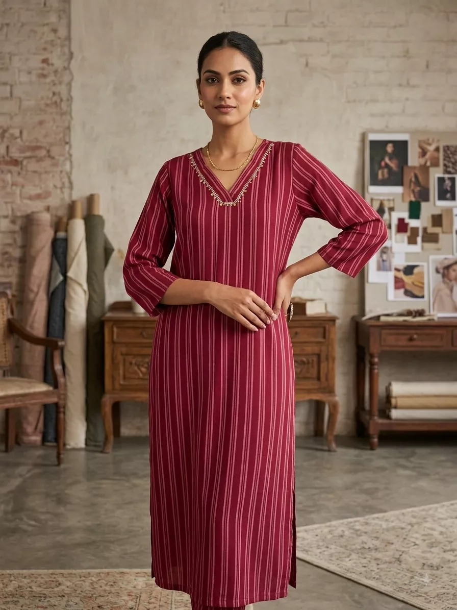 Women's Maroon Striped Premium Rayon Kurti – White Hand Embroidery V-Neck, Straight Fit